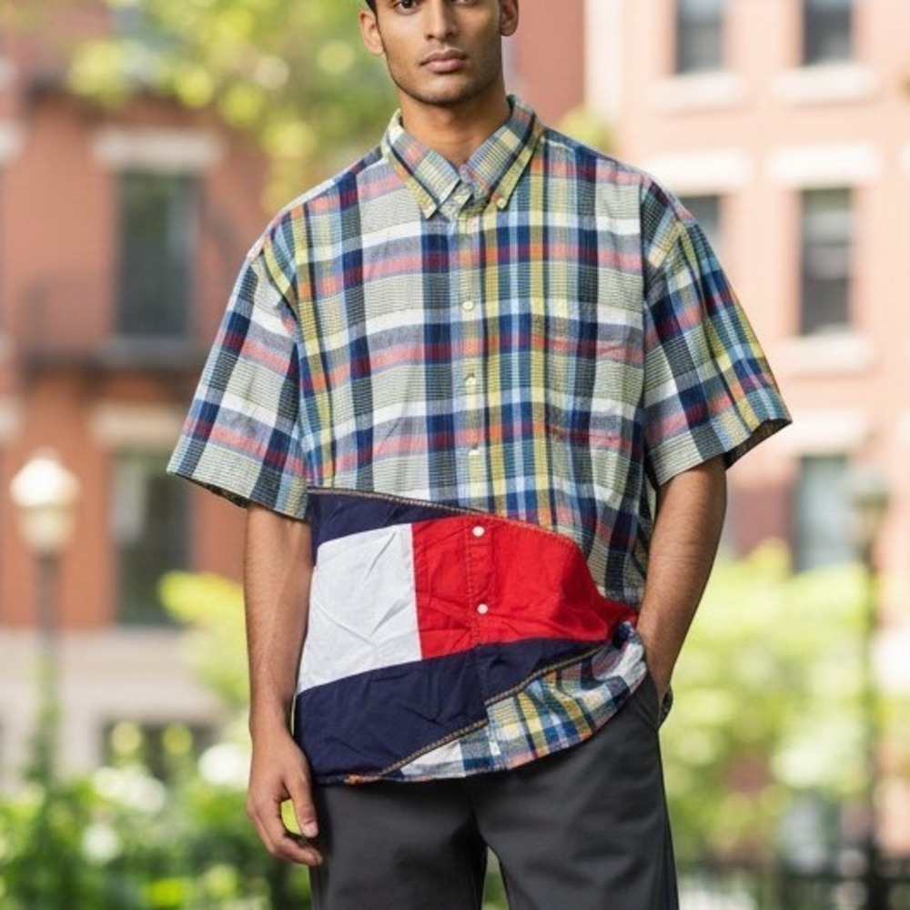 Tommy Hilfiger Shirt Mens XXL Multi Plaid Flag Patch Reconstructed Cotton Top